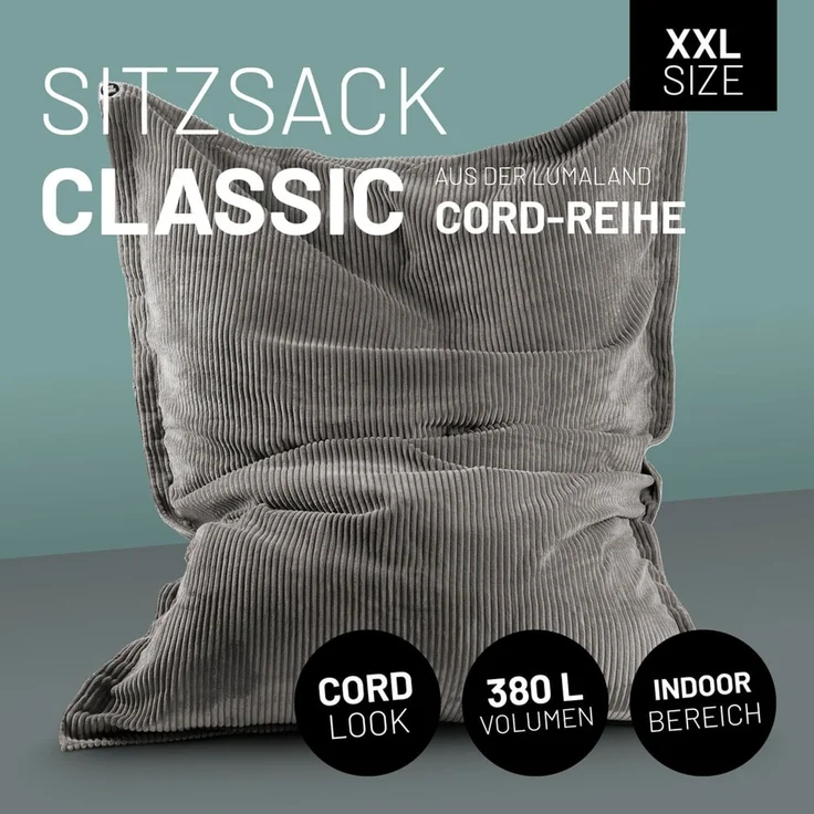 Lumaland Sitzsack Classic XXL Cord | Riesen Sitzsack XXL mit Softer Rippenstruktur – ideal zu Cord Sofa & Sessel Indoor Bean Bag für Wohnzimmer, Schlafzimmer & Co. - 380 L, 140x180 cm – Bild 2