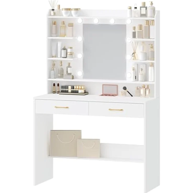 Schminktisch mit Spiegel, Schminktisch mit Ablageflächen und 2 Schubladen, für Schlafzimmer, Wohnzimmer, Verstellbare Helligkeit, Weiß – Bild 8