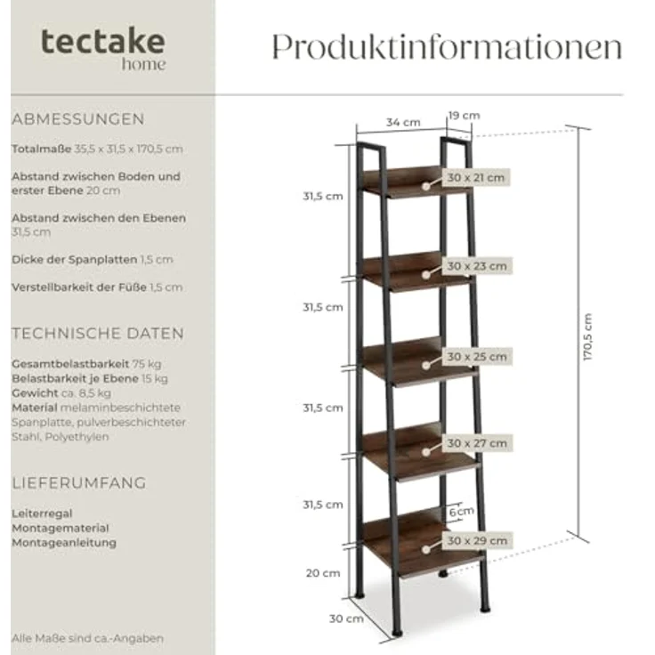 tectake Leiterregal Folkestone, Einzelstück 1-tlg, Industrial Style – Bild 4