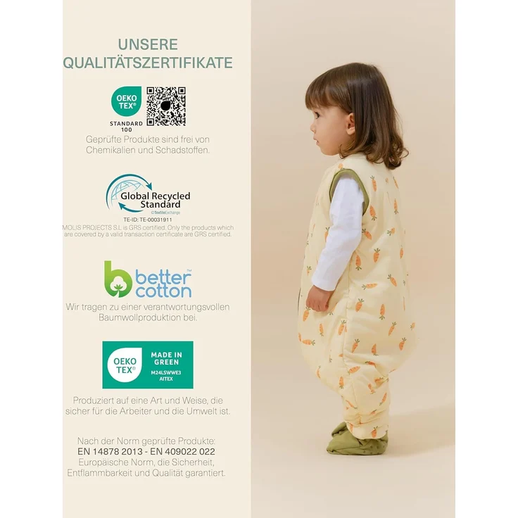 molis&co - Baby Schlafsack mit Füßen und Socke - Ideal für den Winter - Babyschlafsack mit Beinen 2,5 tog - 100% Baumwolle (Oeko-TEX 100), Premium Qualität - Carrots (117 cm) – Bild 6