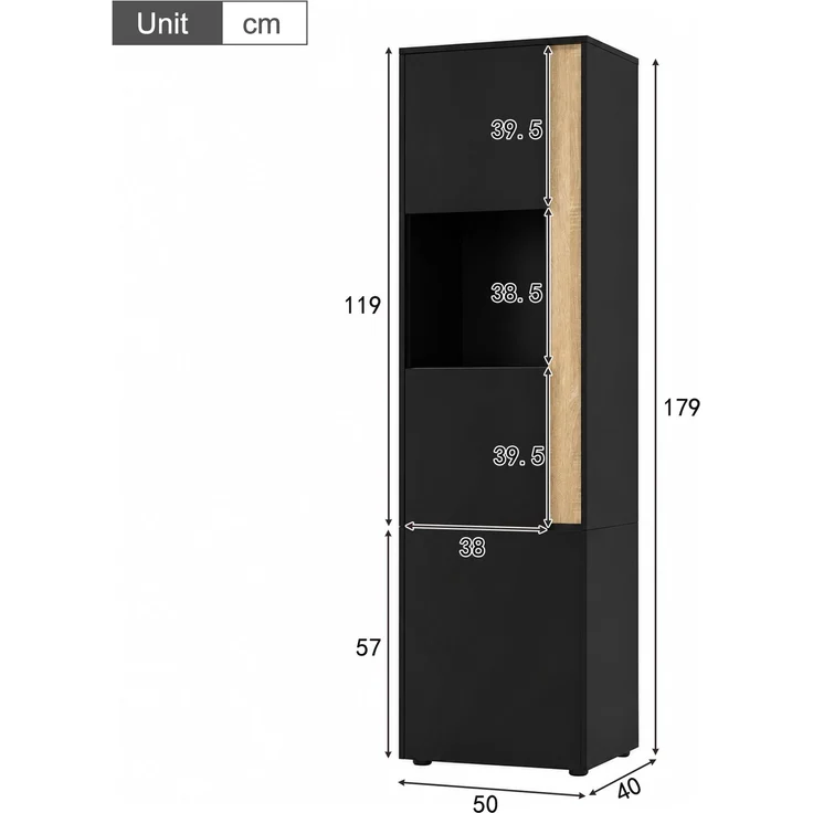 Vitrine 50x40x179 cm mit LED-Beleuchtung, 2 Türen, Schwarz/Natur – Bild 5