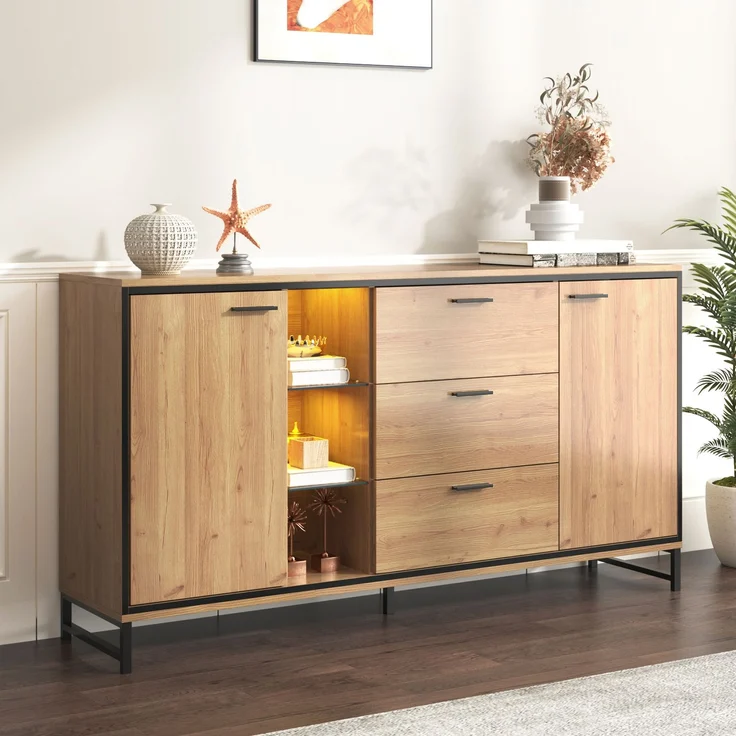 Sideboard modern mit LED Lichteffekt, 160 x 40 x 85 cm,Aufbewahrungsschrank mit 16 Farben, verstellbaren Regalen & Eisenfüßen – Bild 1