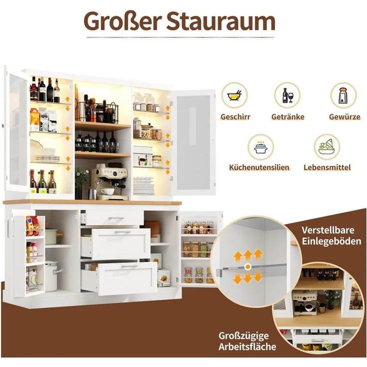 Celya Küchenbuffet Küchenschrank mit App-gesteuerter LED-Beleuchtung (140 x 40 x 185 cm, 3 Schubladen, Arbeitsplatte, verstellbare Böden) Passt als Küchenvorratsschrank, Kaffeebar oder Wohnzimmersideboard – Bild 4