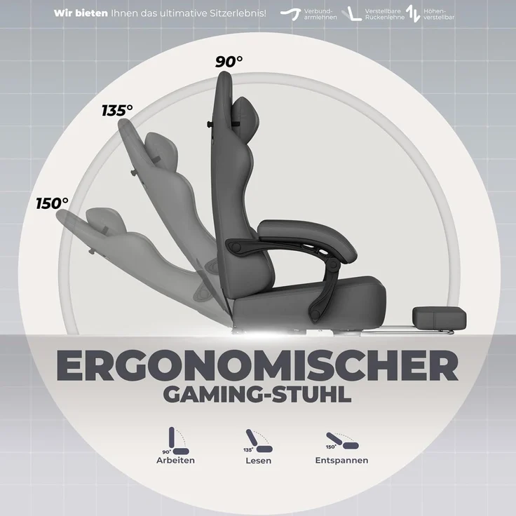 GTPLAYER Gaming-Stuhl Atmungsaktiver Bürostuhl, ergonomisch Hochwertiger - Stoff/Kunstleder, 160° Verstellbare Rückenlehne und ausziehbare Fußstütze – Bild 7