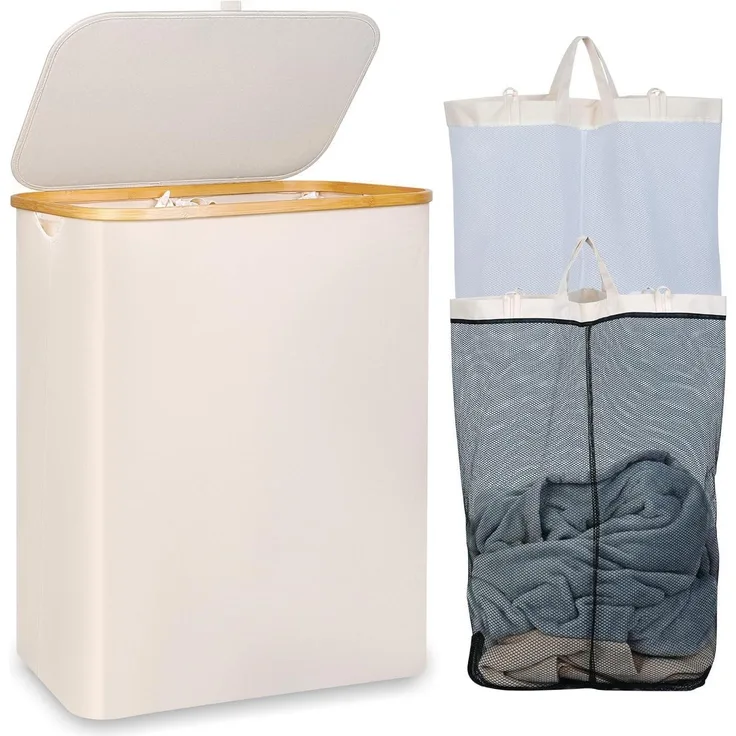 Wäschekorb 150L XL 2 Fächer Bambusgriff Deckel Beige Laundry Baskets