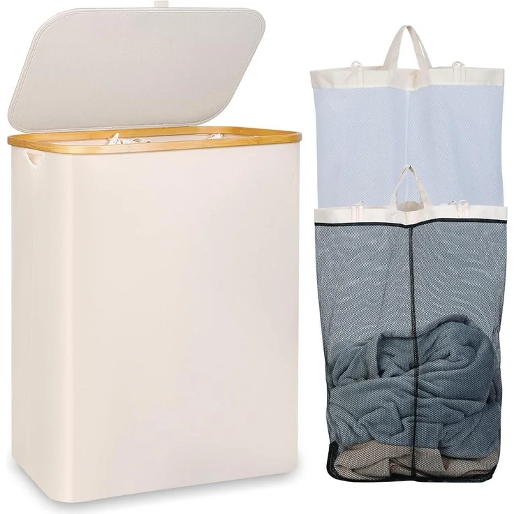 Wäschekorb 150L XL 2 Fächer Bambusgriff Deckel Beige Laundry Baskets – Bild 1