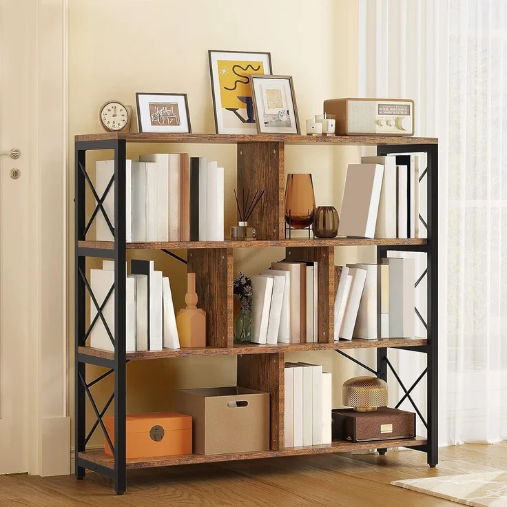 YITAHOME Bücherregal mit 4 Ebenen, Standregal 120cm Hoch Freistehendes Eck-Bücherregal, Offene Display-Aufbewahrung, Regale für Wohnzimmer Schlafzimmer Büro, Vintagebraun-schwarz – Bild 4