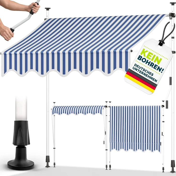tillvex Klemmmarkise 200cm Blau-Weiß mit Handkurbel Balkon | Balkonmarkise ohne Bohren | Markise UV-beständig & höhenverstellbar | Sonnenschutz wasserdicht
