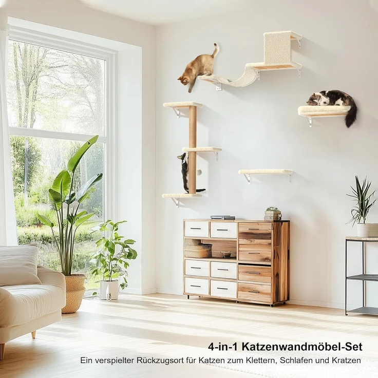 FUKUMARU Kletterwand Katzen Set, 10-teilig Katzen Kletterwand Set, aus robuster Multiplexplatte，Hängematte Katze mit Katzenhaus, Katzenbrücke, Katzenbaum, Katzentreppe bis zu 18 kg, Beige – Bild 4