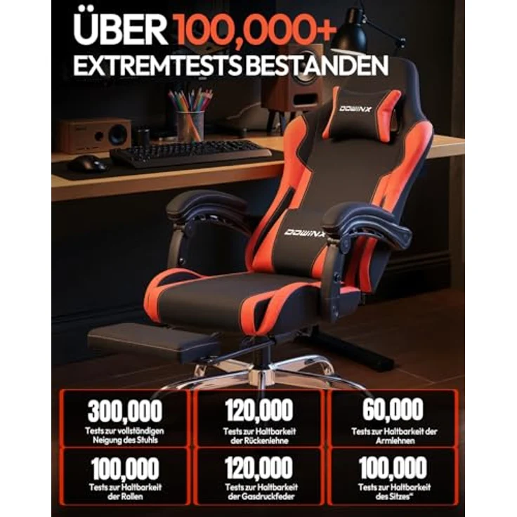 Dowinx Gaming Stuhl Bürostuhl Massage Gaming Sessel mit höhenverstellbaren Linkage-Armlehnen, ergonomischer Gamer Stuhl mit Fußstütze, gepolstert Gaming Chair 150° neigbar bis 180 kg, Rot – Bild 5