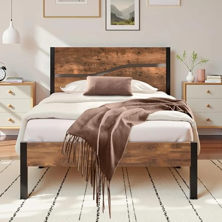 Bettgestell 90x200 cm, Einzelbett mit Metall Lattenrost und Dickem Holzkopfteil, Stabil Geräuschlos, Gästebett und Jugendbett für Schlafzimmer, Braun – Bild 1
