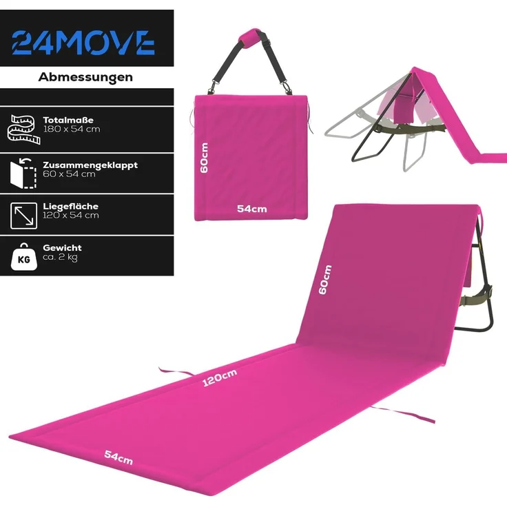 24MOVE Strandmatten Natal 2er Set mit Rückenlehne, rosa, 180x54 cm | 2 klappbare Strandliegen mit verstellbarer Rückenlehne, je 120x54 cm Liegefläche, Tragegurt und Reißverschlusstasche – Bild 2