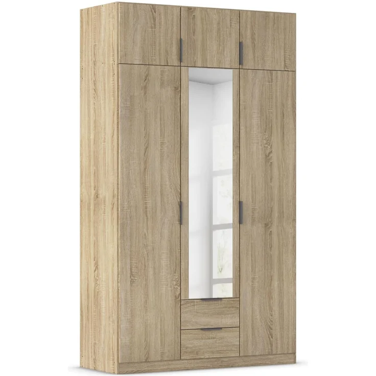 Rauch Möbel Lagoa, Kleiderschrank, Garderobe für Schlafzimmer, Kinderzimmer, Jugendzimmer 6-türig, mit Spiegel, 2 Schubladen, mit Zubehör Premium, Farbe Eiche Sonoma, Holz, Breite 136