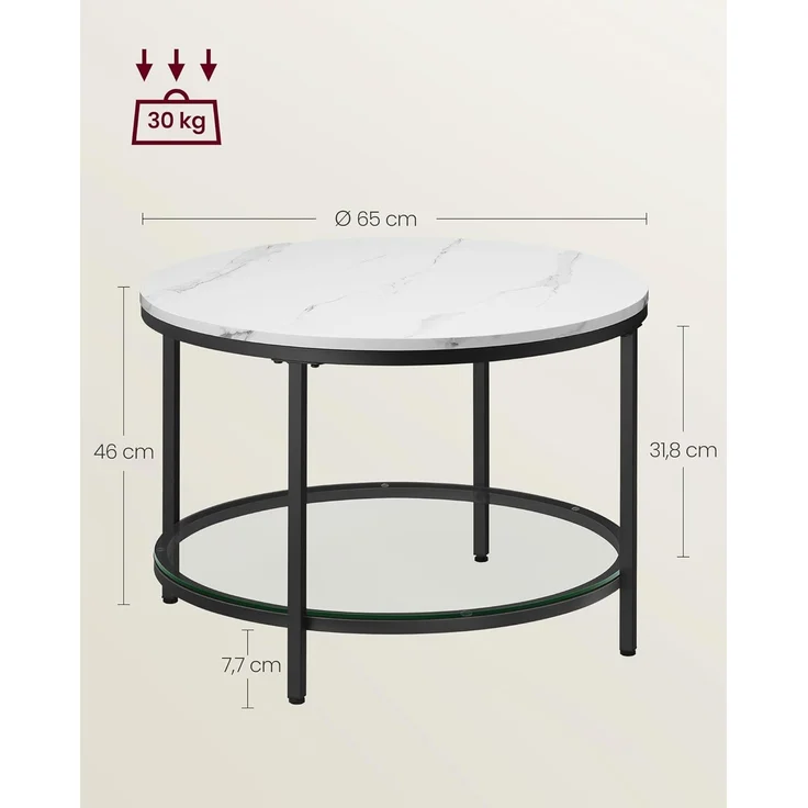 Vasagle Couchtisch mit Glasplatte, Holz / Stahl, Marmorweiß-Tintenschwarz, Ø 65x46 cm – Bild 3