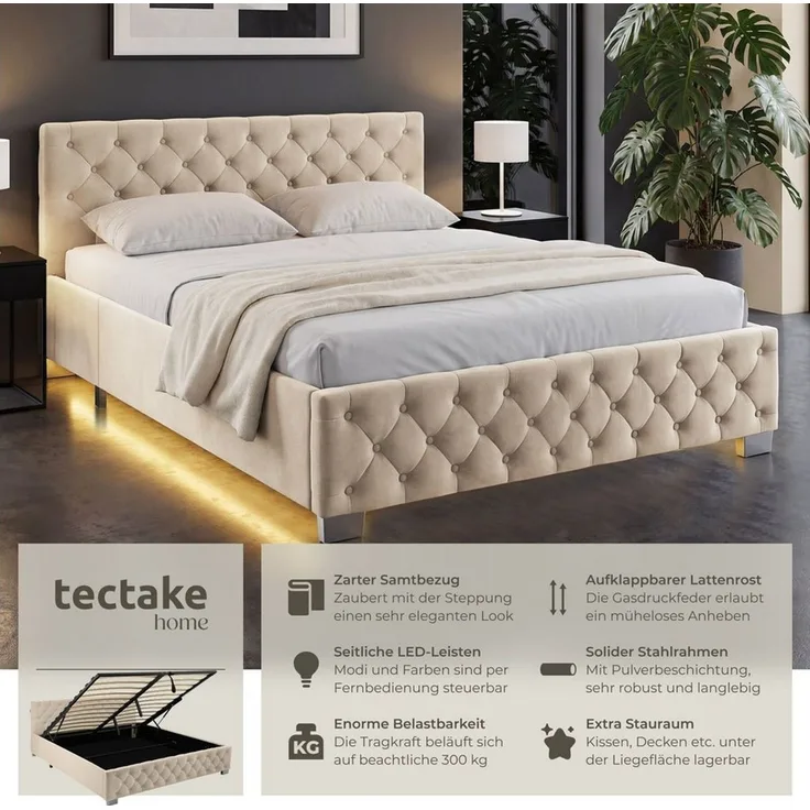 tectake Polsterbett Komfortbett mit LED-Leisten & Stauraum - Samtoptik mit Steppmuster (Bettset, in Samtoptik Sand), stabiler Stahlrahmen, Belastbarkeit 300 kg