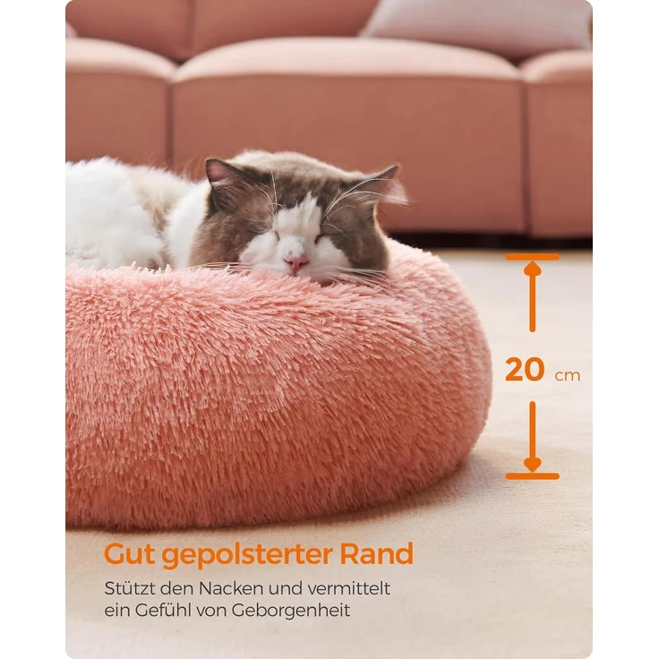 Feandrea Hundebett flauschig, Katzenbett, Donut Kissen, waschbar, Polsterung in der Mitte herausnehmbar, Langer Plüsch, 50 cm Durchmesser, rosa PGW037R01 – Bild 5