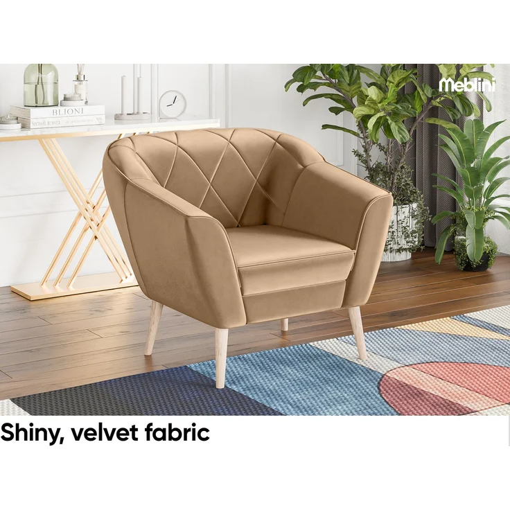 MEBLINI Sofa-Set GISELA 2+1+1 - Beige Samt - für Wohnzimmer - Mini Lounge für vier Personen - Küchensofa - Sofa Klein - Sitzgarnitur - Polstergarnitur - Sofagarnituren – Bild 4