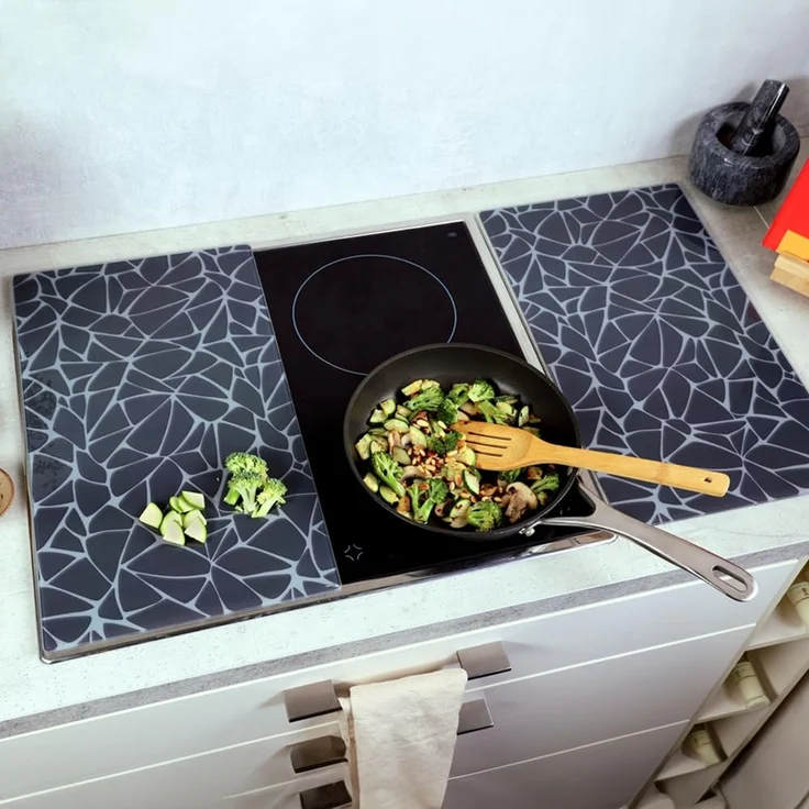 KESPER | Glasschneideplatte/Herdabeckplatte/Buffetplatte, Material: ESG-Sicherheitsglas, Maße: 50 x 28,5 cm, Stärke: 0,4 cm, Fußhöhe: 3 mm, Motivfolie: Mosaik Grau | 37535 13 – Bild 2