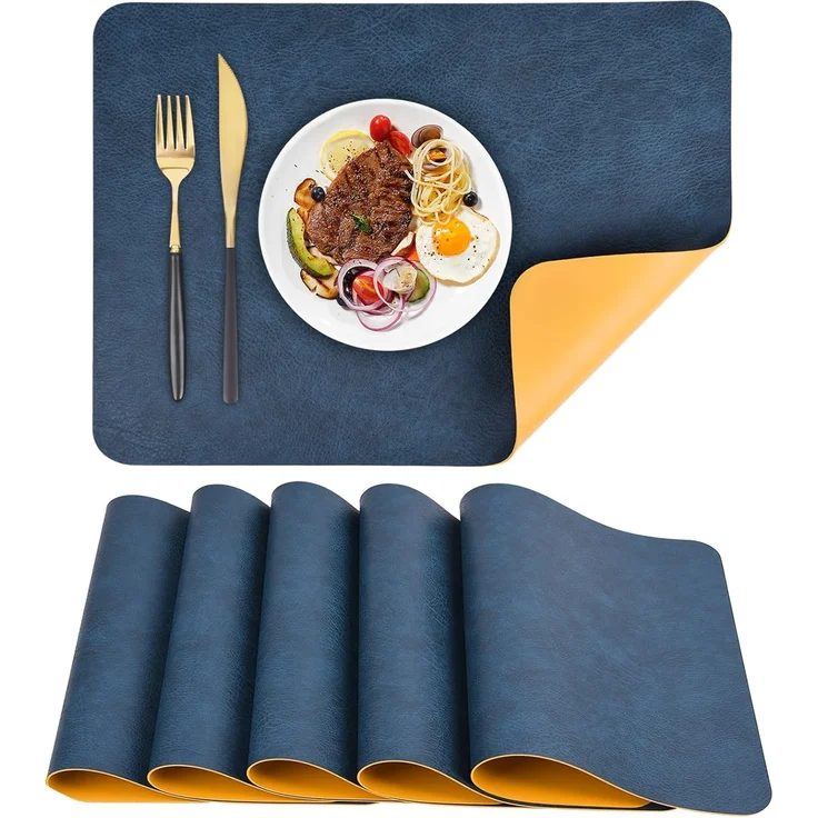 ABC 6-teiliges wasserfestes und hitzebeständiges Esstischset aus PVC-Leder, für Küche, Esszimmer und Hotel, 40 x 30 cm, blau und gelb – Bild 1