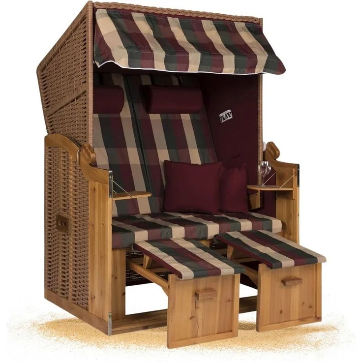 Strandkorb Hanse Strandkorb Strandkorb Ostsee Burgund AFC rot grün beige aufgebaut, BxTxH: 120x80x160 cm, Volllieger, Ostsee-Modell, Stabiles Wacholder mit handgefertigtem Polyrattangeflecht