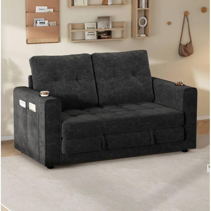 Schlafsofa, Chenille, 3-fach ausziehbar mit Getränkehaltern, 141x79x93 cm, Grau – Bild 2