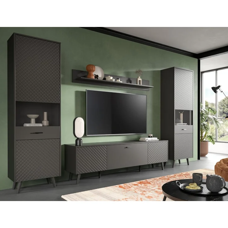 Inn. Furn Wohnwand Madea, (Schrankwand in mattem Grau, 4-teilig, 330 x 195 cm), mit Rautenfräsung, Push-To-Open – Bild 2