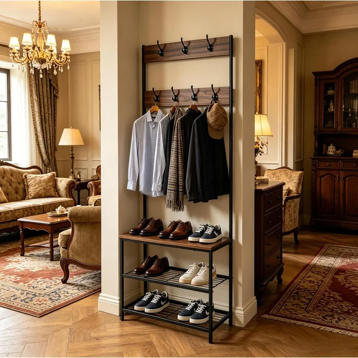 Garderobenständer 60 x 30 x 170 cm mit Schuhbank, 7 Doppelhaken und 2 Schuhablagen – Bild 4