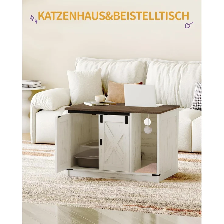 Katzenschrank, Katzentoilette, Katzenklo Schrank, Versteckte Katzentoilette Kabinett Möbel mit Katzenglocke, Indoor-Katzenhaus, 80 x 50 x 53 cm, für Flur, Schlafzimmer, Vintagebraun-Weiß – Bild 6
