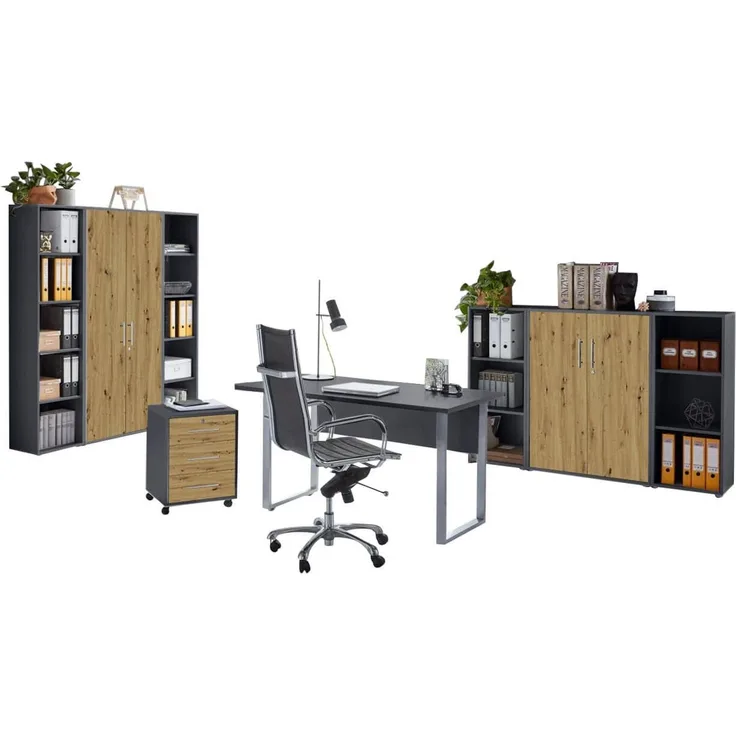 moebel-dich-auf Büromöbel-Set TABOR Set 5, (abschließbar, 8-tlg, Schreibtisch mit Rollcontainer + 2 Aktenschränke + 4 Aktenregale), mit Edelstahlgriffen & lackierten Fronten, MADE IN GERMANY