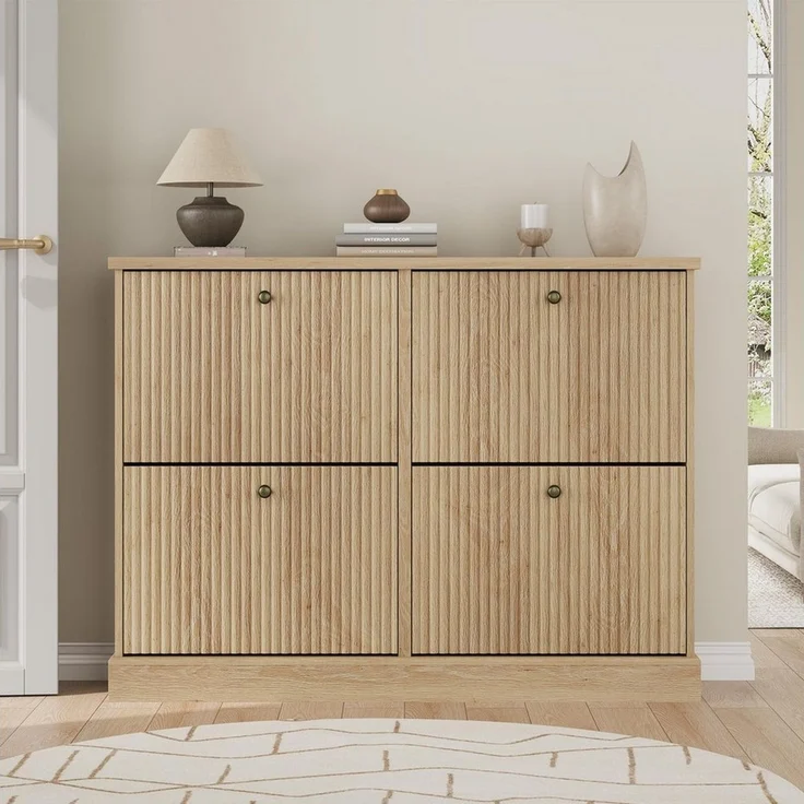 GarveeMore Schuhschrank Moderner Rillenprofil mit 4 Klappschubladen verstellbare Einlegeböden (1-St) 120x25x90cm Versteckter Schuhstauraum Schuhregal für 18–24 Paar Schuhe – Bild 3
