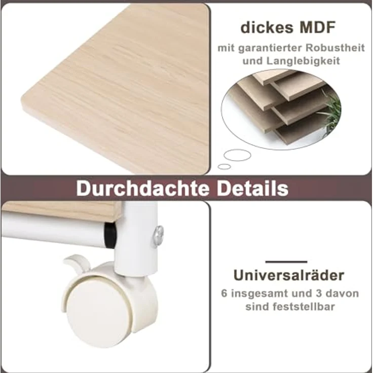 FANTASK Schreibtisch, Klappbarer Bürotisch mit Metallrahmen, Klappschreibtisch mit 3 Schubladen & Rollen, platzsparender Computertisch für kleine Räume, 105 x 50 x 75 cm (Natur) – Bild 5