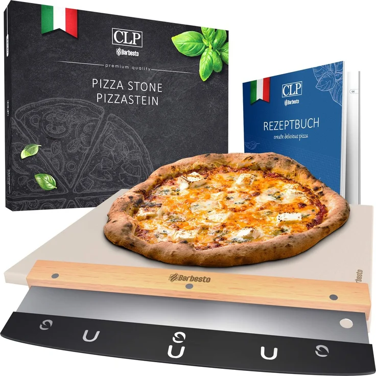 CLP Pizzastein mit Rezept-Buch für Backofen & Grill 38x30 cm einzeln oder als Set,Pizzastein+Schneider – Bild 1
