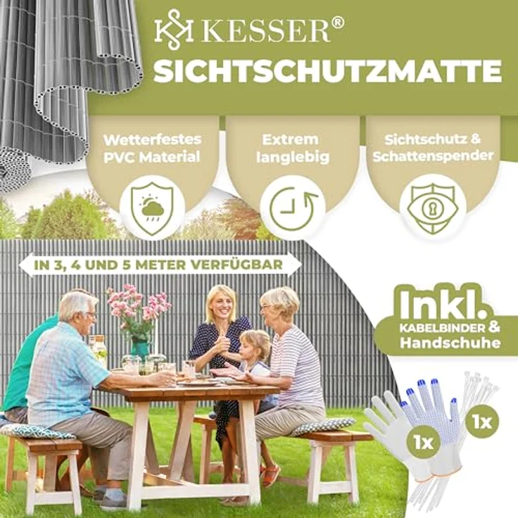 KESSER® PVC Sichtschutzmatte Sichtschutzzaun 80x400cm Balkonverkleidung Windschutz verstärkte Lamellen für Garten Balkon & Terrasse Balkonumrandung inkl Kabelbindern, Abdeckung & Handschuhe Hellgrau – Bild 2