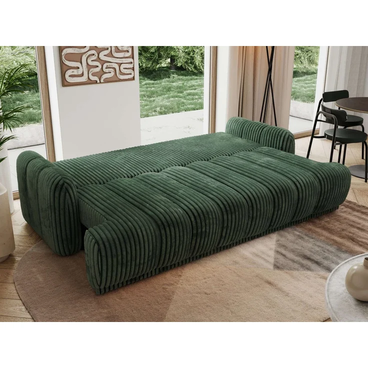 Schlafsofa ACCORDO 3-Sitzer mit Schlaffunktion, DL-Mechanismus, Wellenfederung & Massivholz, freistehend rundum bezogen - Grün Cordstoff – Bild 5