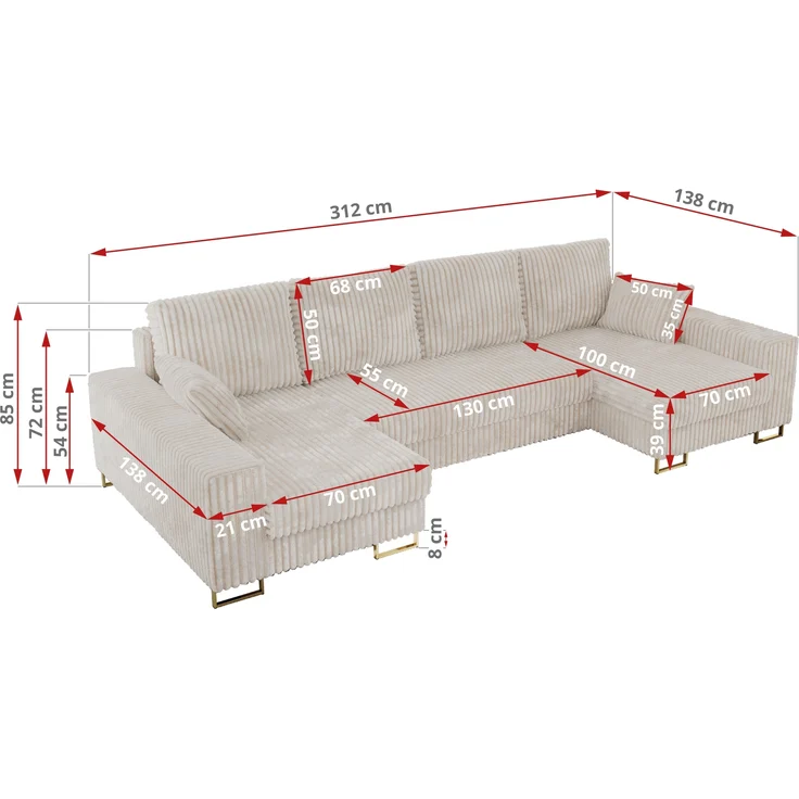 U-förmiges Ecksofa auf goldenen Metallbeinen, mit Schlaffunktion und drei Bettkästen für das Wohnzimmer - DORIAN U - Beige Cord – Bild 7