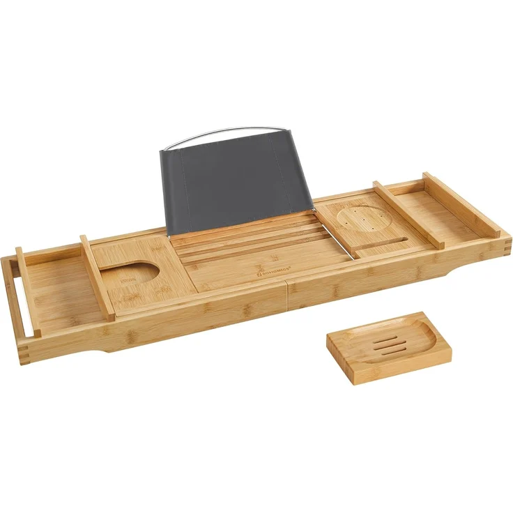 Badewannenablage aus Bambus, ausziehbar, verstellbares Badewannenbrett, Ablage für Badewannen, mit Getränkehalter, Handy-Stütze, Seifenablage, (75-109) x 23 x 4,5 cm, naturfarben BCB88Y – Bild 9