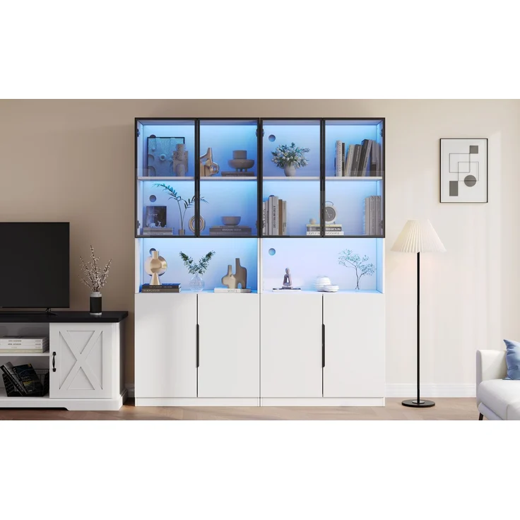 DESVIAE Vitrine mit LED-Beleuchtung, Glastüren und Stauraum 160x200x30 cm aus Spanplatte, Weiß – Bild 4