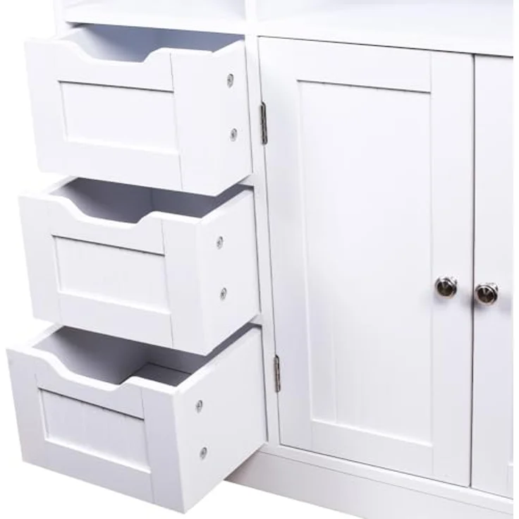 Shally Dogan Badezimmerschrank aus weißem Holz mit 3 Schubladen, 2 Türen und 2 Regalen, platzsparend, Mehrzweck-Bodenschrank, freistehender Schrank für Wohnzimmer, Küche, Büro, Schrank 80,5 x 30 x – Bild 7