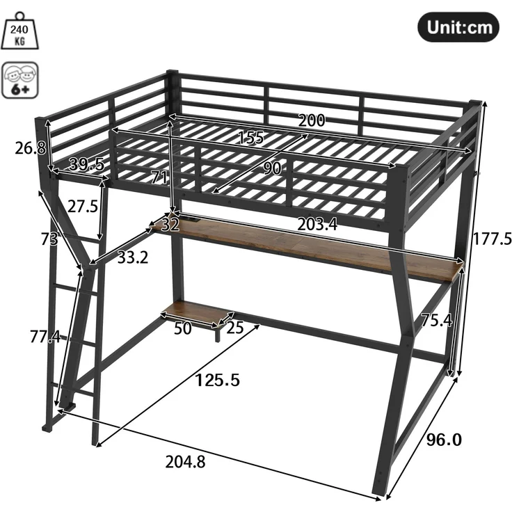 EINHOM Hochbett, 90 x 200 cm, mit LED-Leuchten, Computerkonsolenablage, Schreibtisch, Steckdose+USB, Geländer, Treppe, Schwarz (Ohne Matratze) – Bild 2