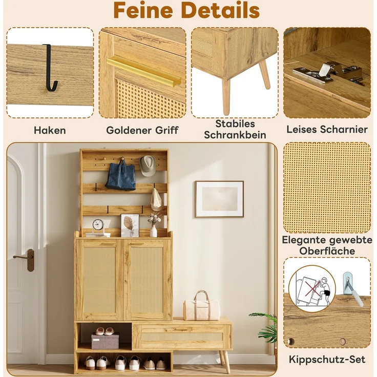 Flieks Garderobenschrank mit drehbarer Sitzbank, 2 PVC-Geflechttüren, Schuhablage und Kleiderhaken, 123.5 x 35 x 180 cm, Naturholzoptik – Bild 6