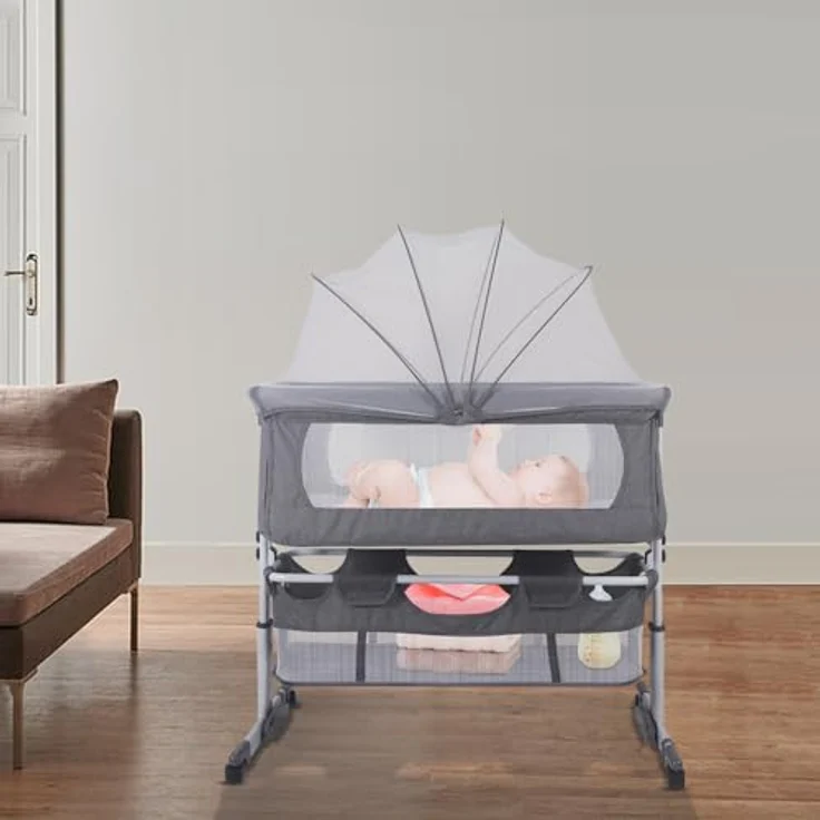 Beistellbett 3 in1 Babybetten Tragbar Babybett mit atmungsaktivem, Verstellbarer Stubenwagen Beistellbett mit Aufbewahrungskorb, 92 x 58 x 70–90 cm - Cremeweiß – Bild 10