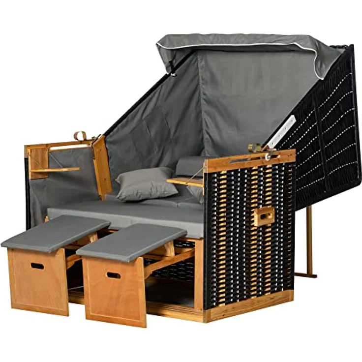 Outsunny Strandkorb mit Klapptisch, Volllieger Gartenliege aus PE Rattan, verstellbare Rückenlehne, hellgrau – Bild 1