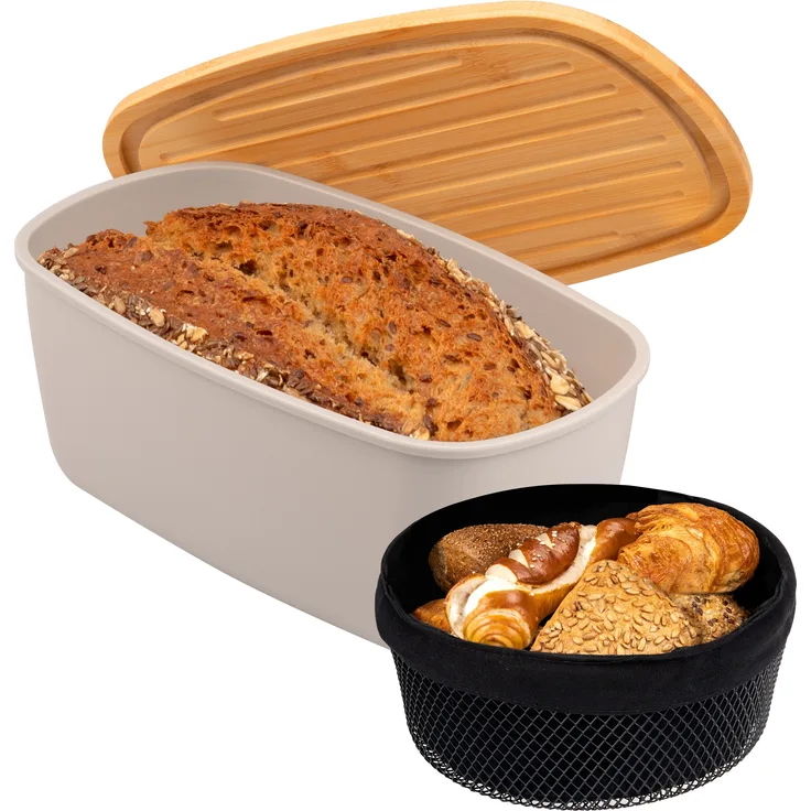 2tlg. Brotaufbewahrungs-Set - Brotkasten und Brotkorb (Kunststoff/Metall, hellgrau)