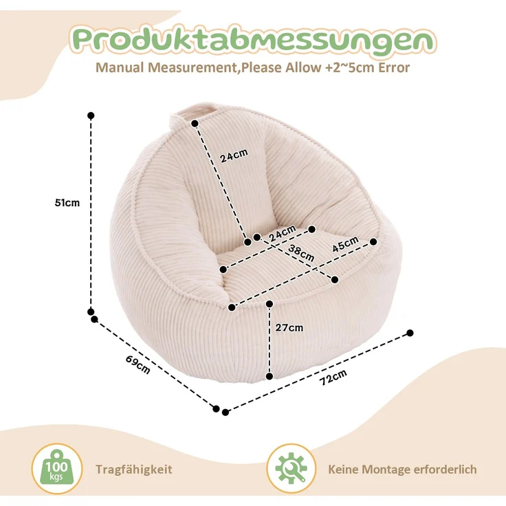 Sitzsack für Kinder in Beige, 69 x 72 x 51 cm – ergonomische Form, Cord-Bezug – Bild 7