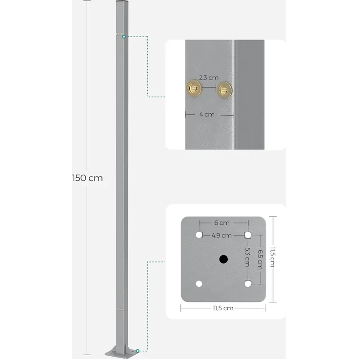 SONGMICS Standpfosten für Markisenkasten, Haltestange, Keine Wandmontage der Markise erforderlich, nur für SONGMICS Einzel-Seitenmarkise mit Stahl-Standpfosten geeignet, grau ASG502Y01 – Bild 4