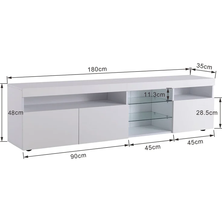TV-Schrank 180 cm mit LED-Beleuchtung, Lowboard Sideboard Medienmöbel in Weiß Hochglanz mit Glaslaminat – Bild 8