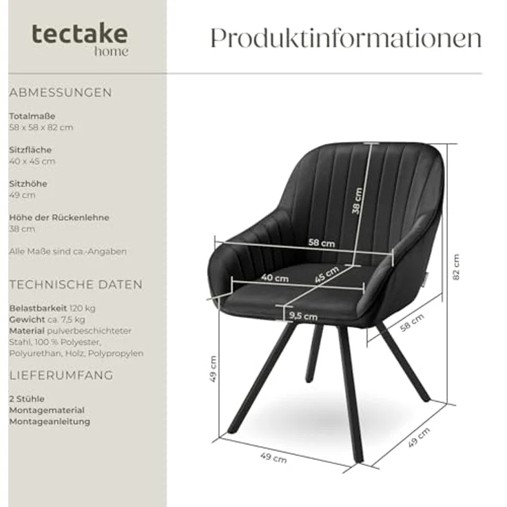 tectake Esszimmerstuhl Drehbarer Armlehnstuhl (2er Set, 2 St), gepolstert, in Samtoptik – Bild 4