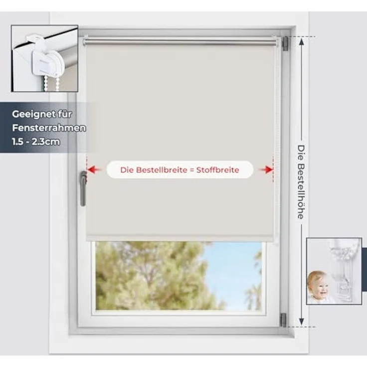 Grandekor Verdunklungsrollo ohne Bohren Creme 60x170 cm(Stoffbreite 56cm) Rollos für Fenster ohne Bohren & mit Bohren,Verdunkelungsrollo Thermorollo Klemmrollo Fensterrollo verdunkelung Hitzeschutz – Bild 6