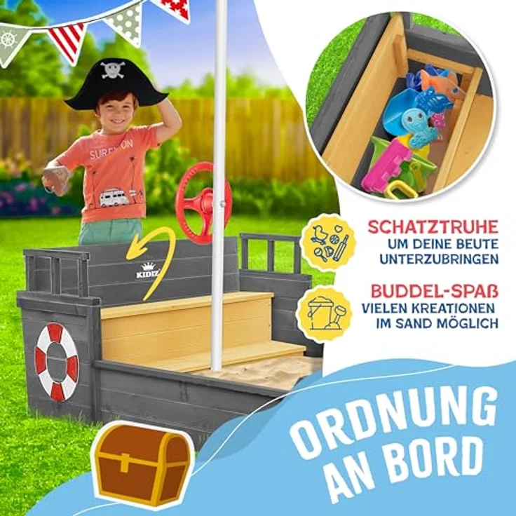 KIDIZ® Sandkasten Ahoi - Piratenschiff, Holz Anthrazit, 195 x 94 x 136 cm – Bild 4