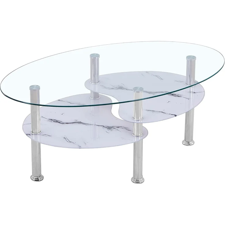 HOOZ Couchtisch HOOZ Couchtisch 98x55cm Klarglas mit Marmor weiß Ablage (Wohnzimmertisch, perfekt als Beistelltisch), Tischplatte Klarglas mit Ablage in Marmorweiß – Bild 3